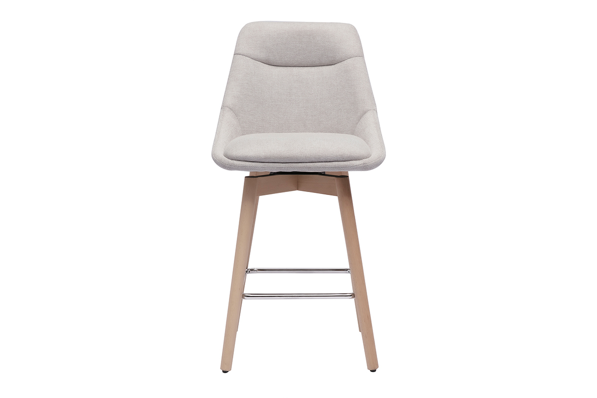 Tabouret de bar scandinave beige en vue de face, assise en tissu effet velours et pieds en bois clair.