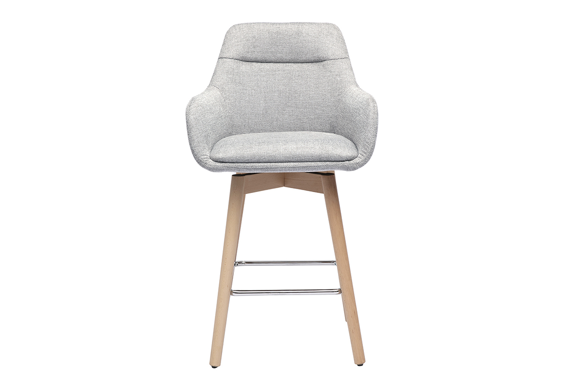 Tabouret de bar scandinave gris clair en vue de face avec pieds en bois clair.