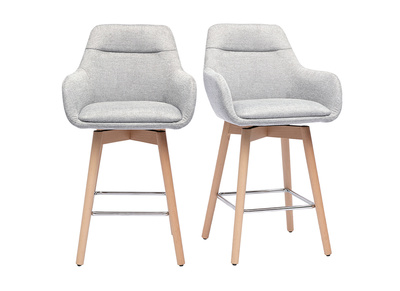 Tabourets de bar scandinaves pivotants 360&deg; en tissu effet velours textur&eacute; gris clair et bois clair H65 cm (lot de 2) ALESS