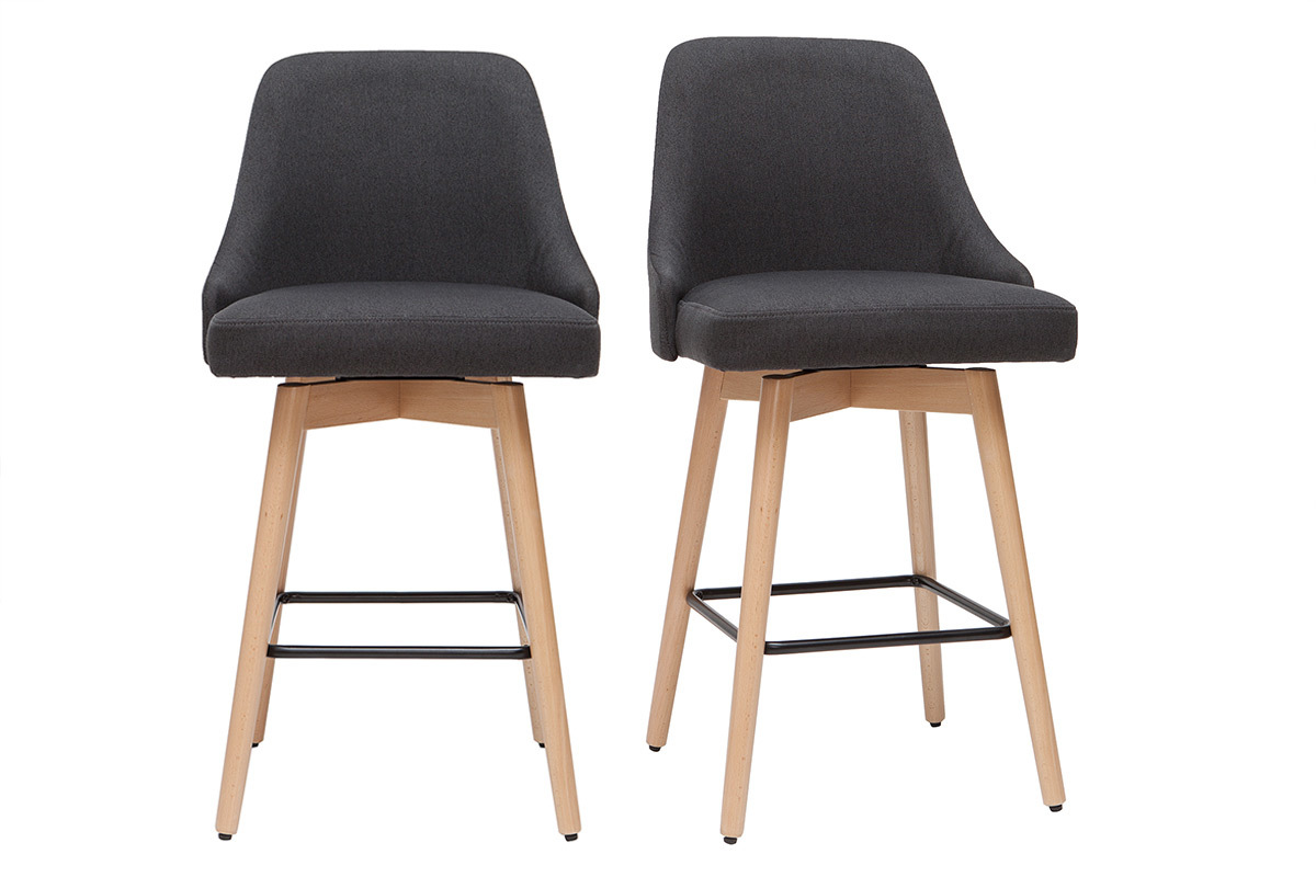 Tabourets de bar scandinaves pivotants 360� en tissu gris fonc� et bois h�tre massif H65 cm (lot de 2) HASTA