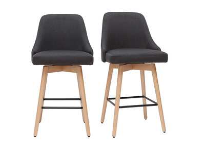 Tabourets de bar scandinaves pivotants 360&deg; en tissu gris fonc&eacute; et bois h&ecirc;tre massif H65 cm (lot de 2) HASTA