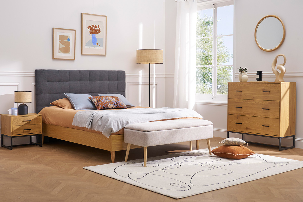T�te de lit capitonn�e en tissu gris anthracite L180 cm HALCIONA